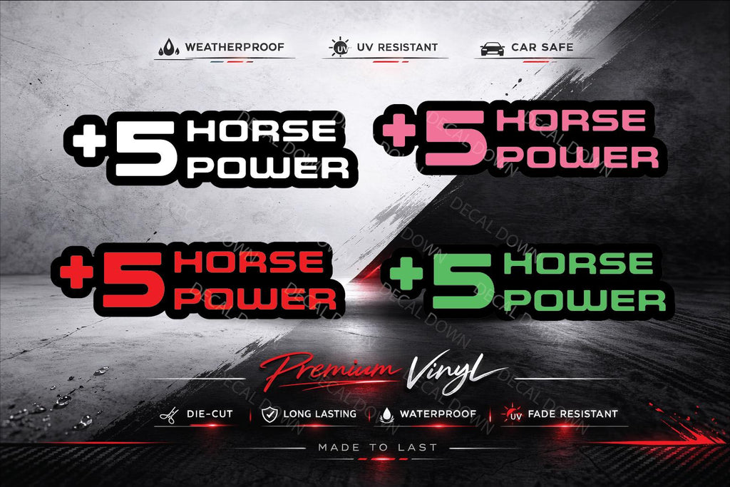 PLUS 5  Horse Power Sticker  Decal, Waterproof, UV Resistant Sticker